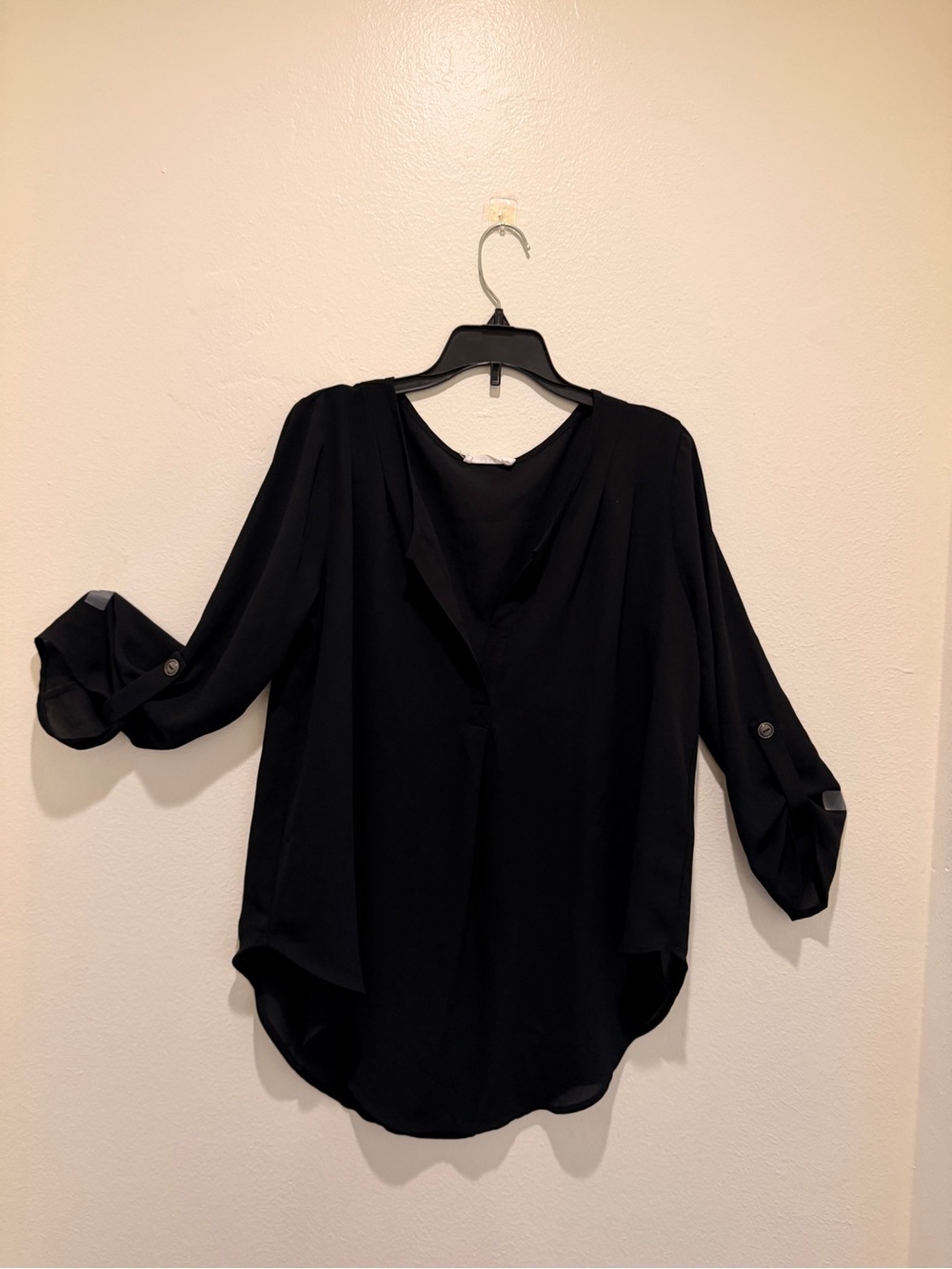 Lush Black Roll-Tab V-Neck Blouse